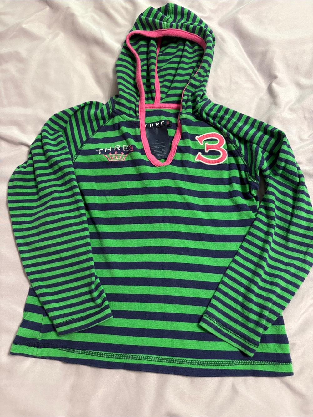 Kids Green & Navy Striped Hooded Long Sleeve Top with Pink Trim